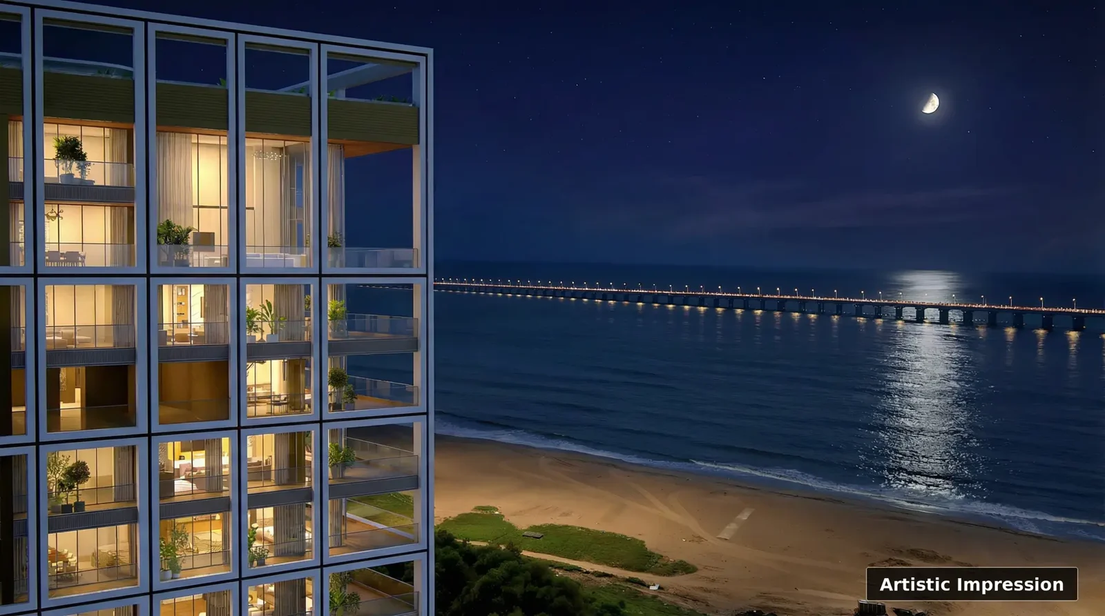 Broker-published coastal night impression of Lotus Celestia
